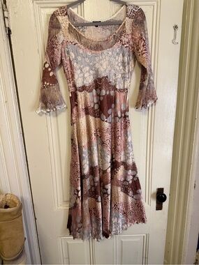 Stunning komarov Mixed Print Scoop Neck Midi Dress in brown and Cream size XL